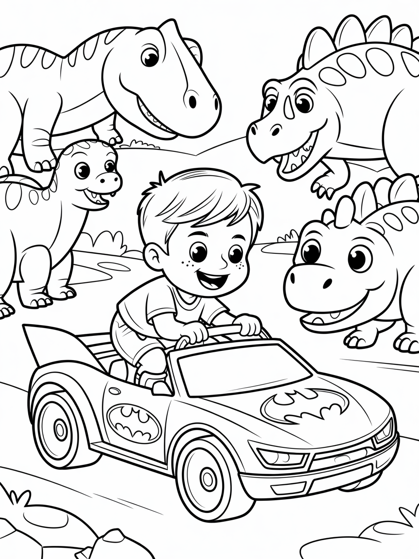 small blonde haired boy in a hot wheels batman car on a dinosaur adventure - Free Coloring Page