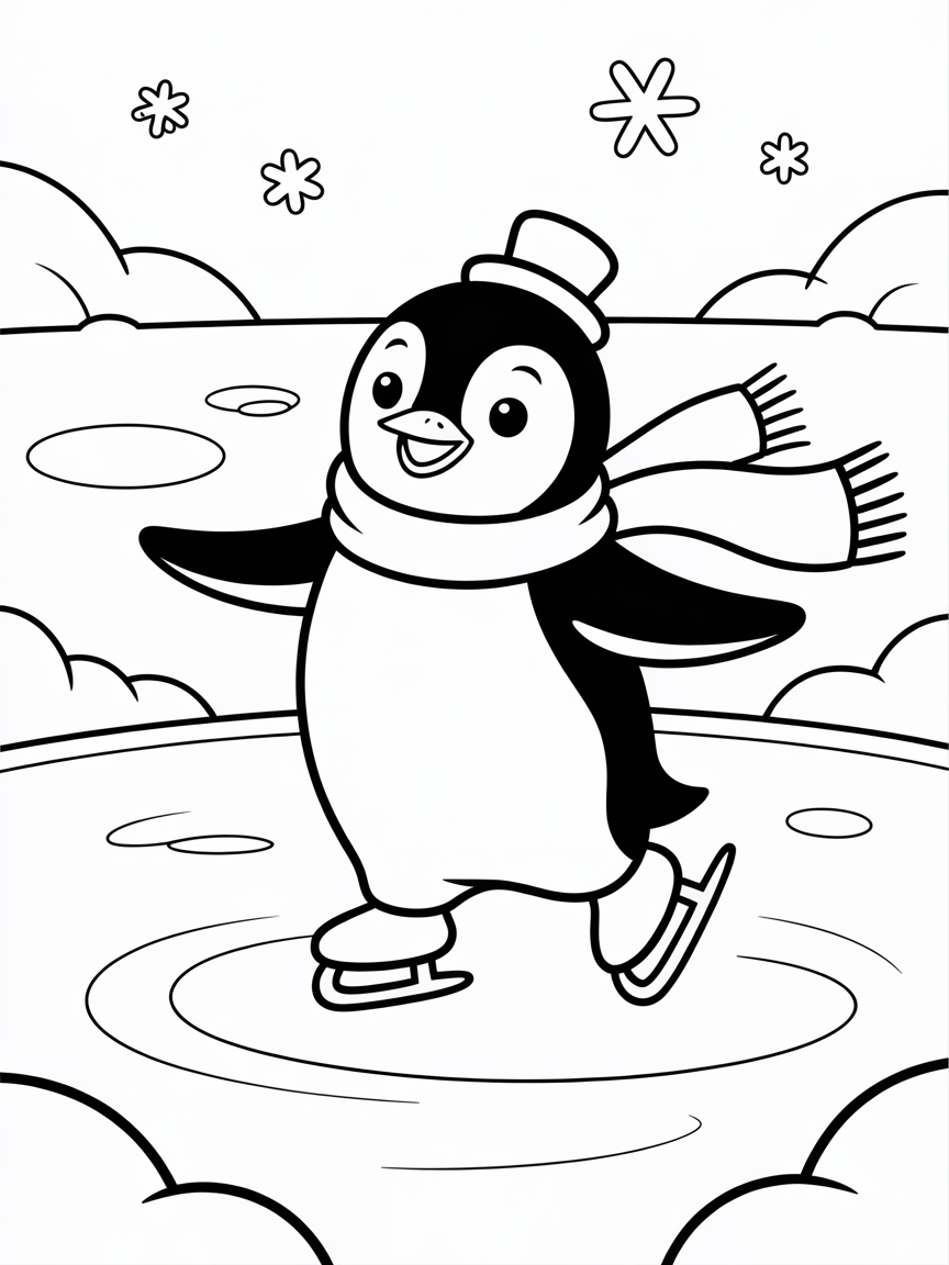 Penguin ice skating in the snow - Free Coloring Page