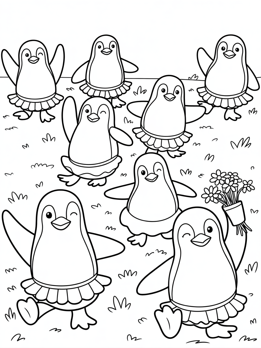 Parade of penguins in tutus - Free Coloring Page