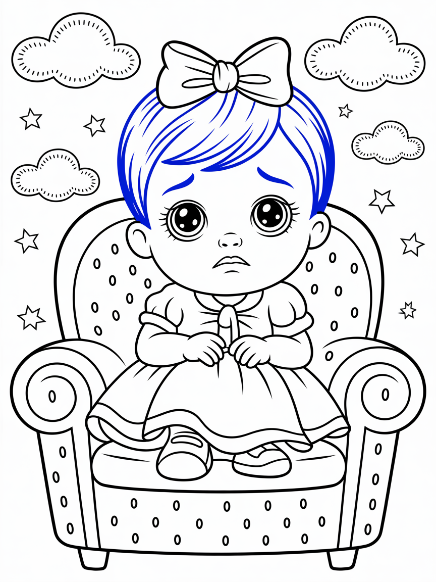 sad baby with blue hair and formal dress - Free Coloring Page