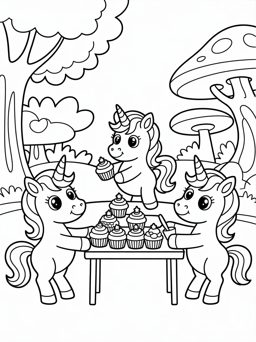 Unicorns baking cupcakes in the forest - Free Coloring Page