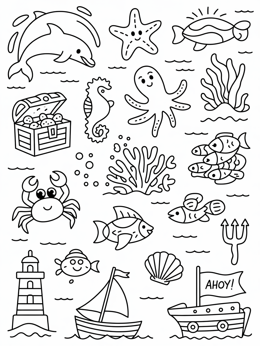 Ocean themed images like icons spread out across the page - Free Coloring Page