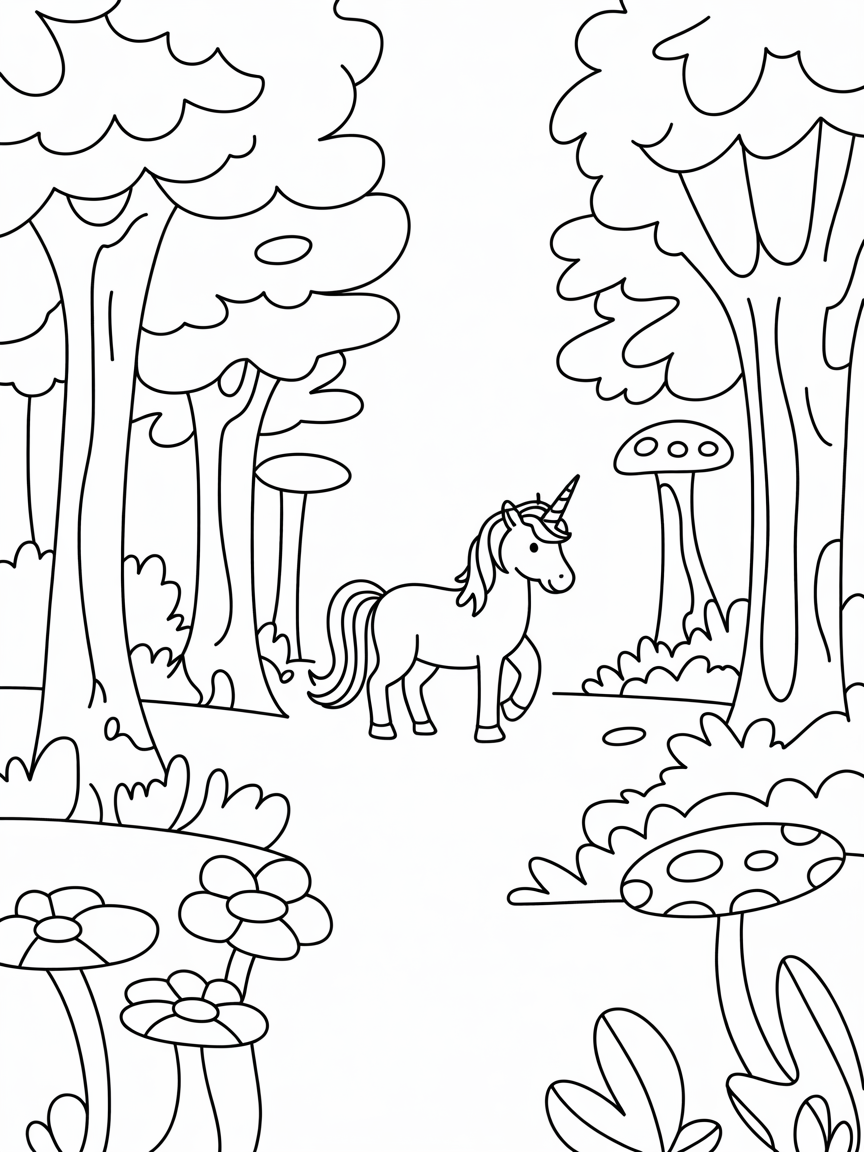 Magical forest with unicorn - Free Coloring Page