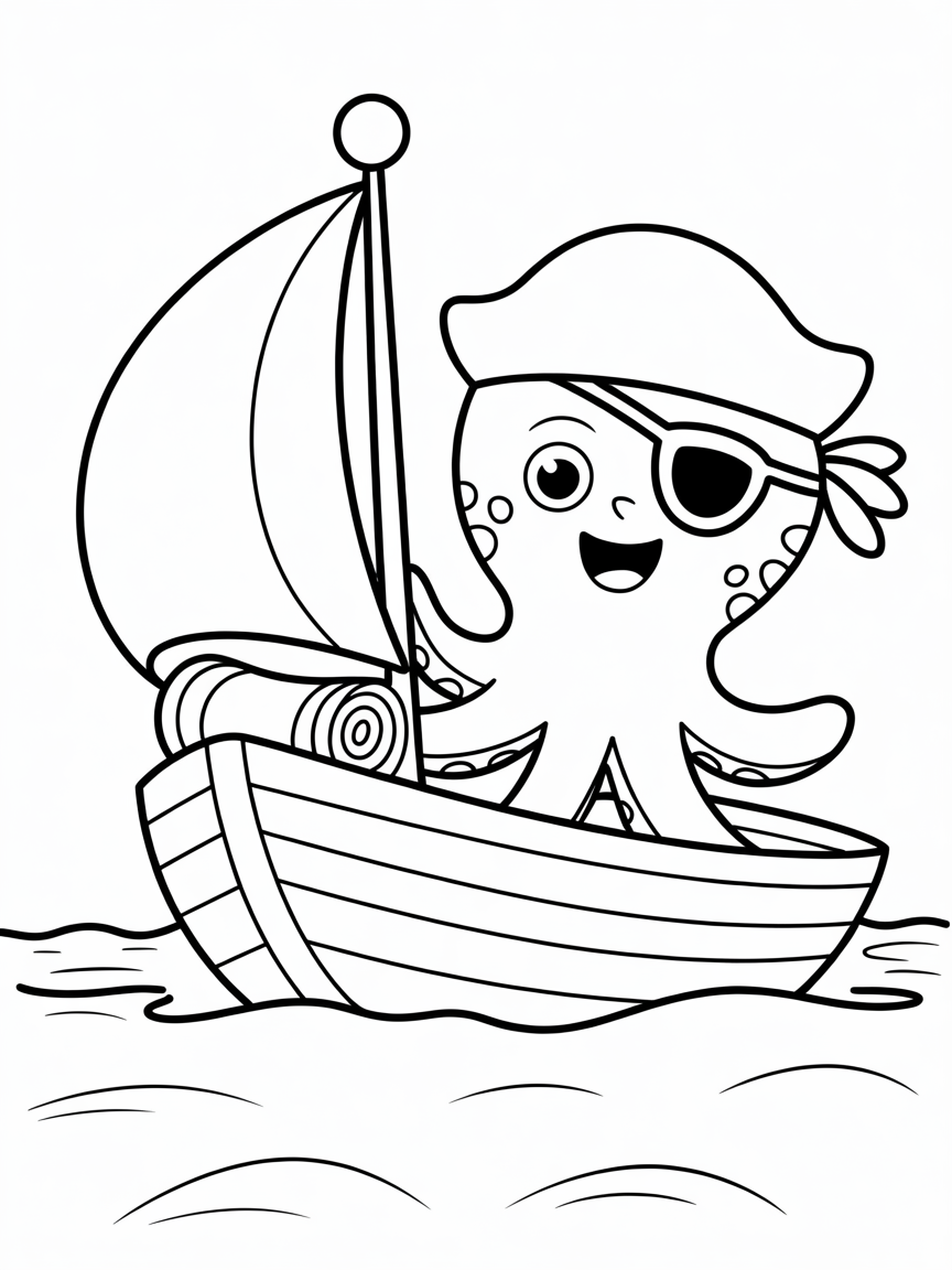 Pirate octopus sailing a treasure map - Free Coloring Page