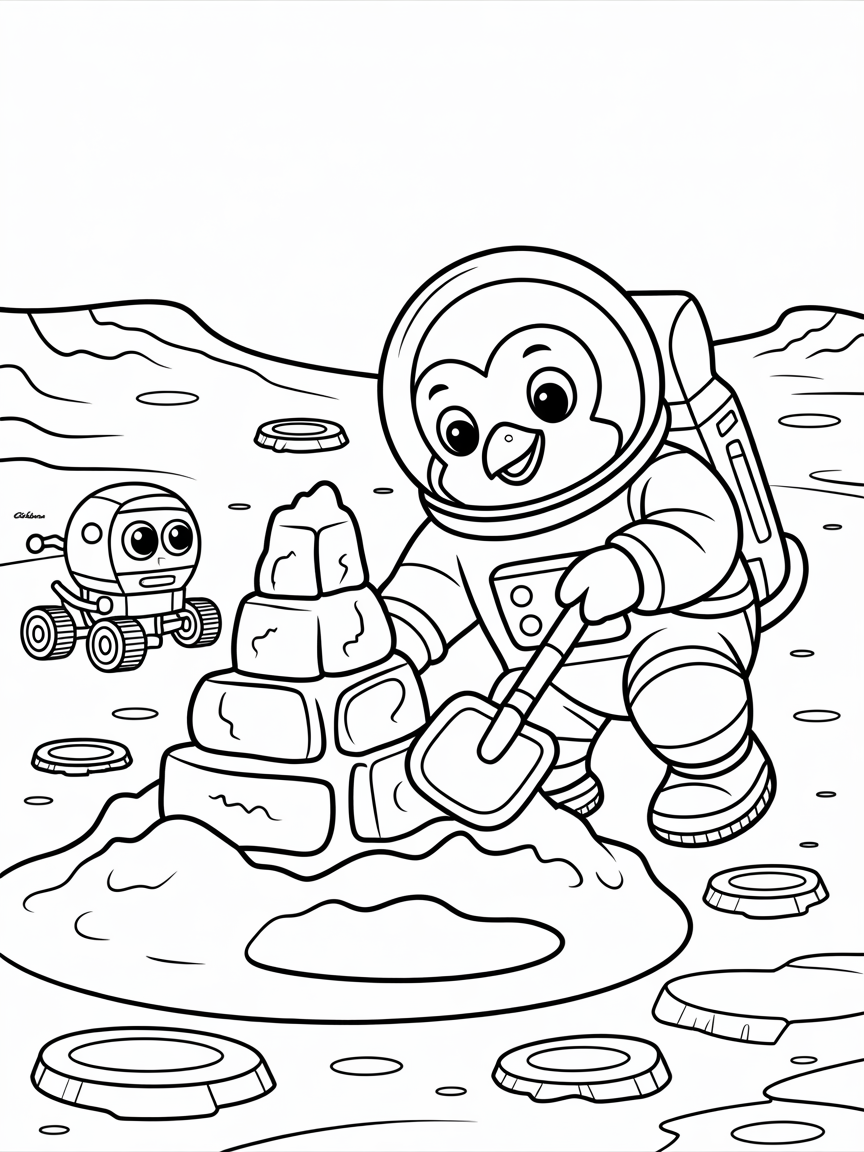 Space penguin building snowcastle on Mars - Free Coloring Page