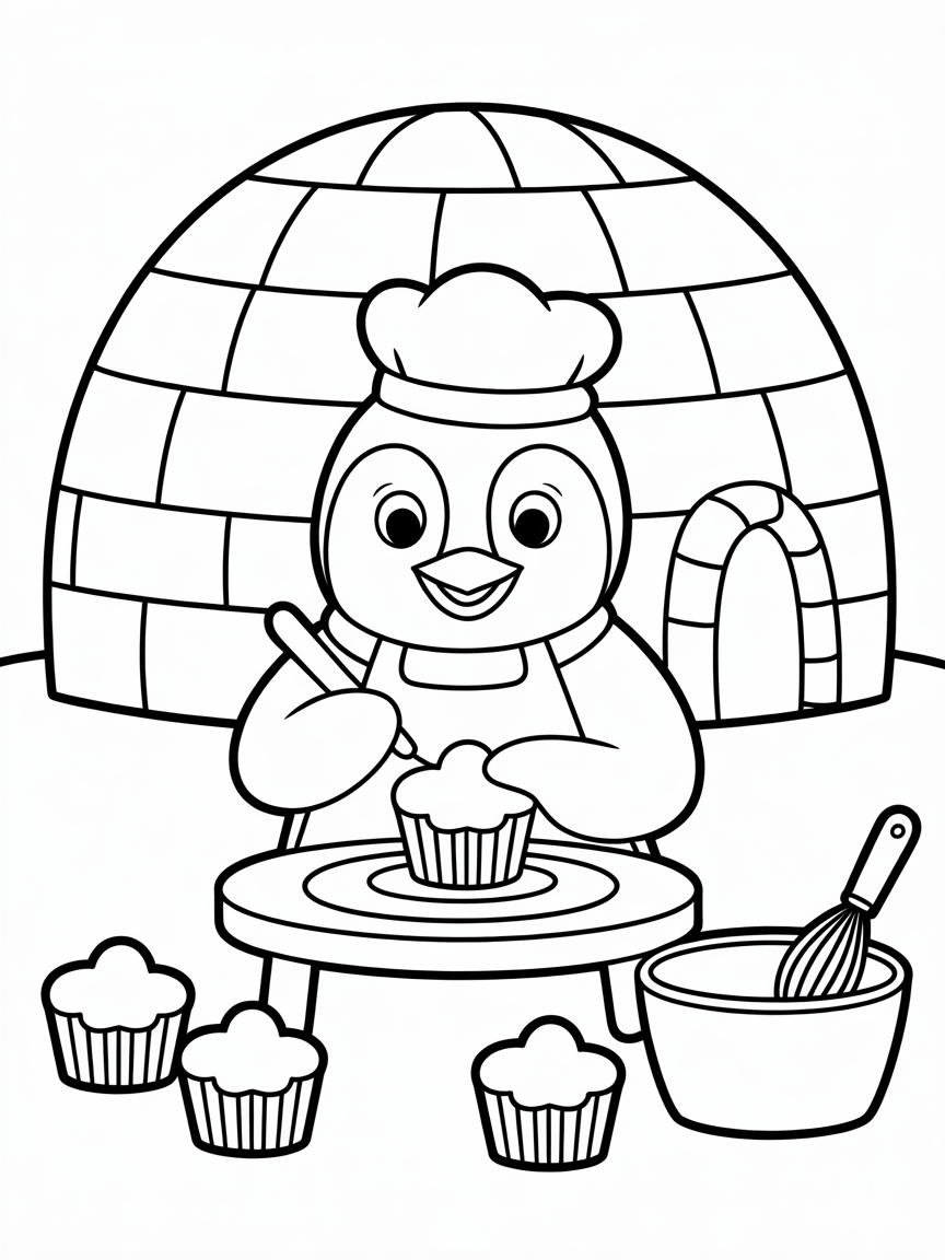 Penguin baking cupcakes in igloo - Free Coloring Page