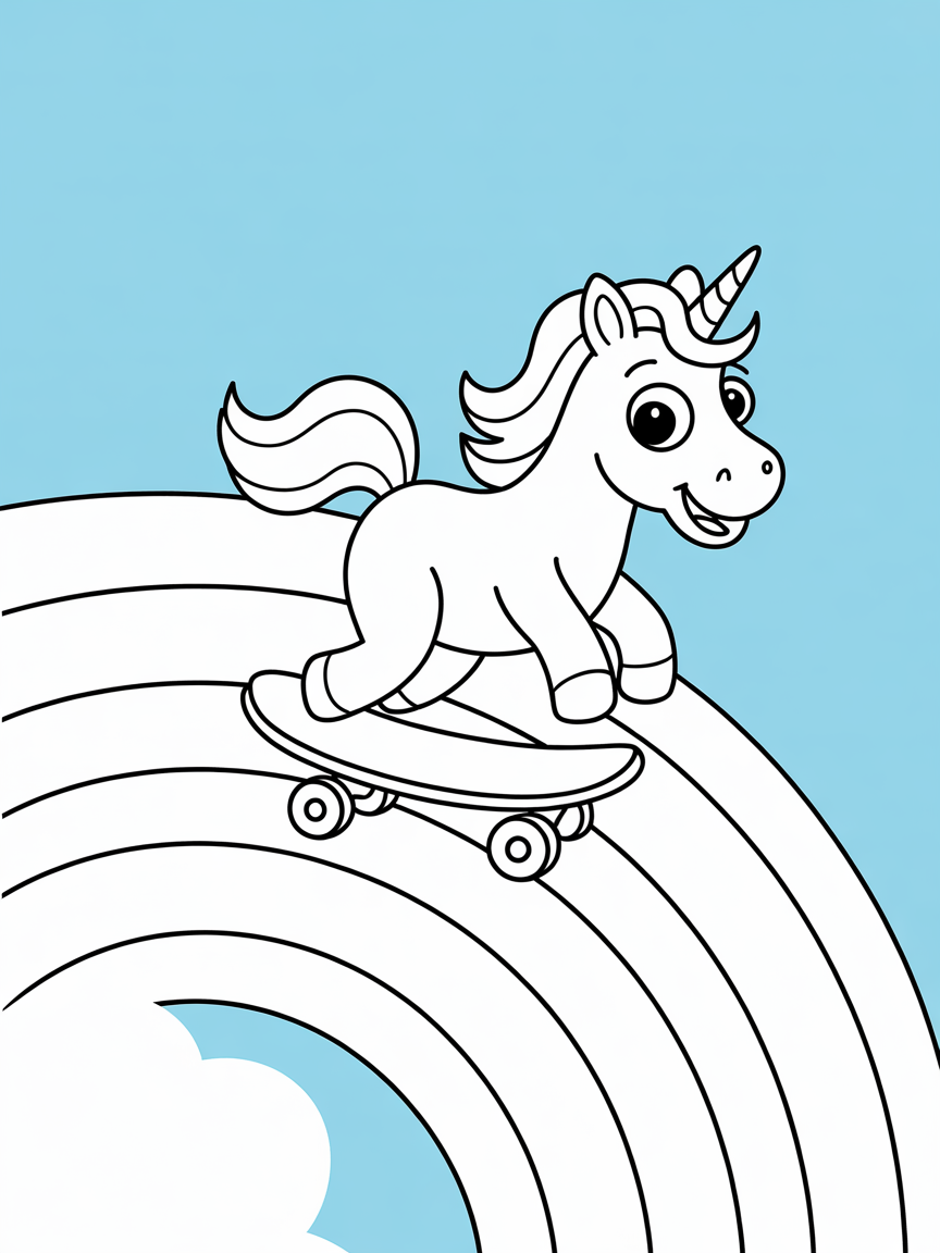 Unicorn skateboarding on a rainbow - Free Coloring Page