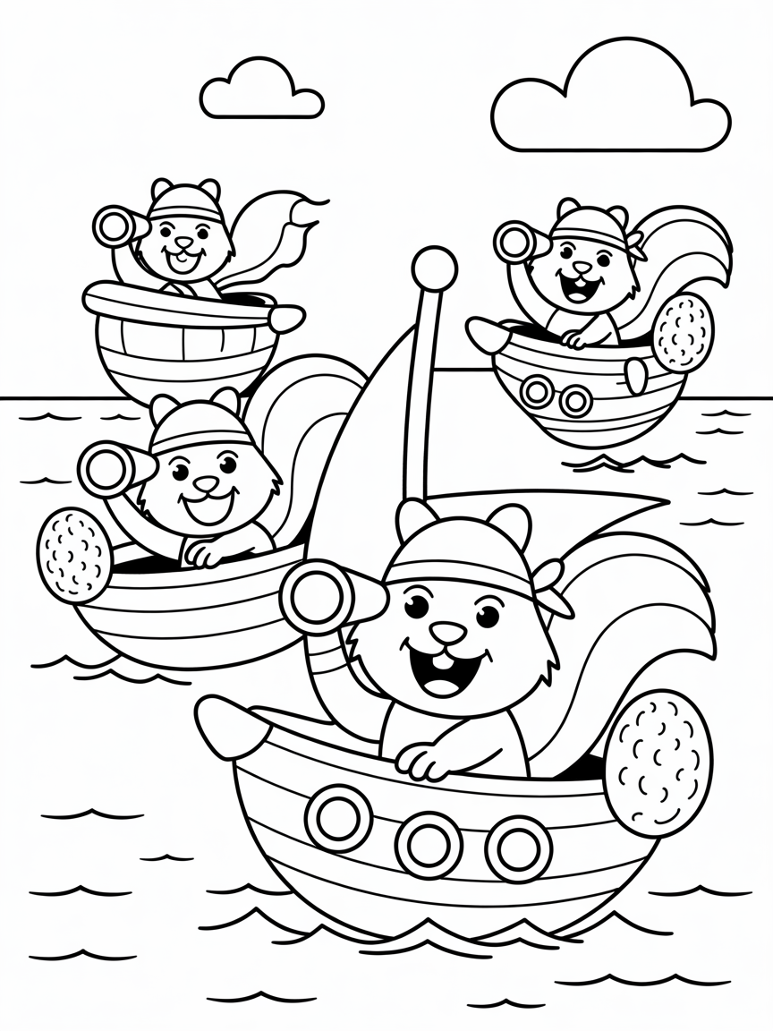Pirate squirrels sailing on acorn ships - Free Coloring Page