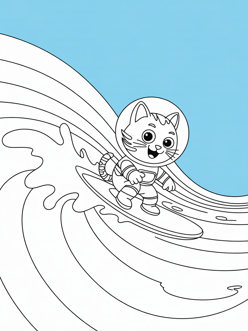 Space cat surfing on rainbow waves - Free Coloring Page