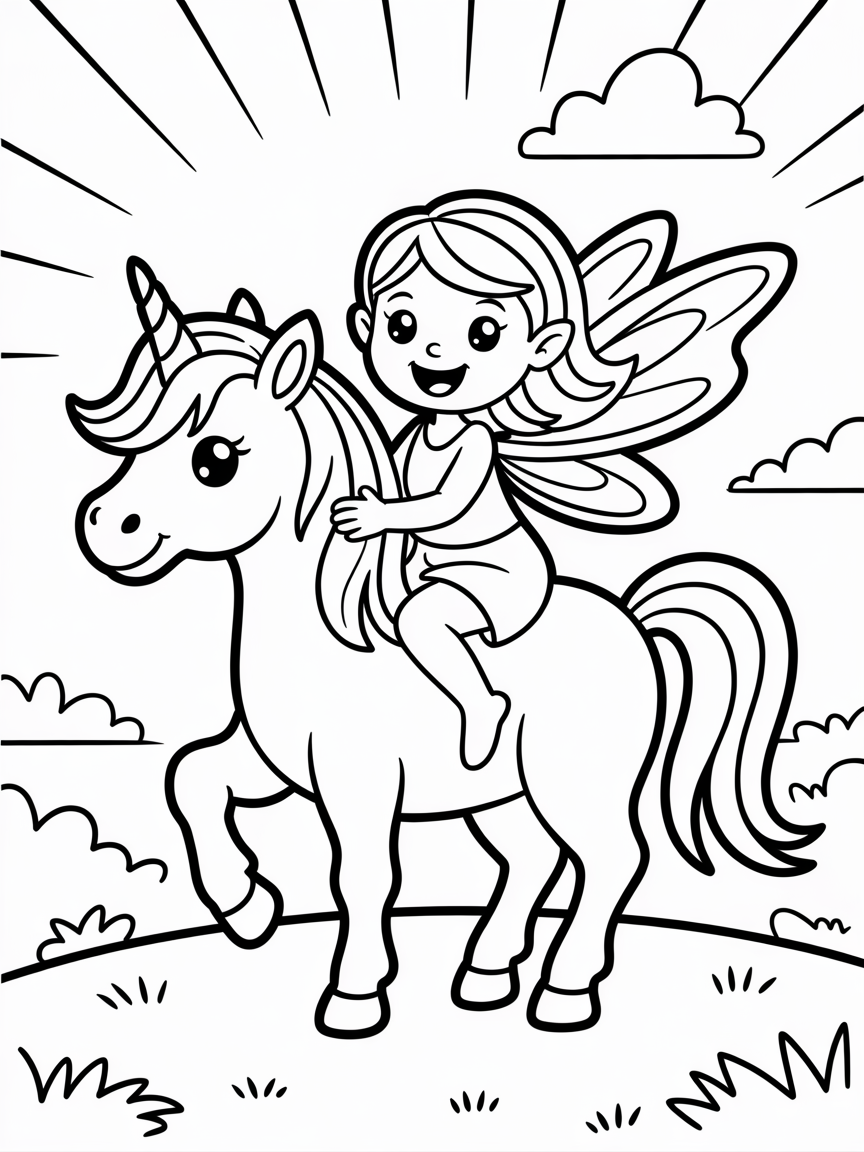 Fairy riding a rainbow unicorn - Free Coloring Page