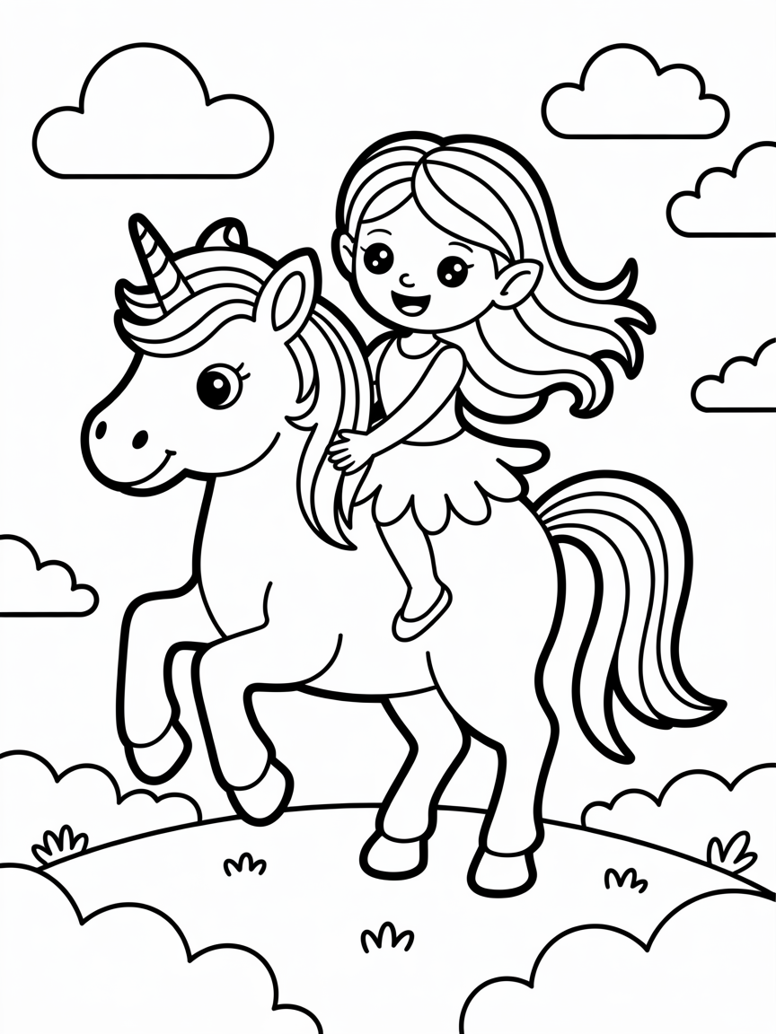Fairy riding a rainbow unicorn - Free Coloring Page