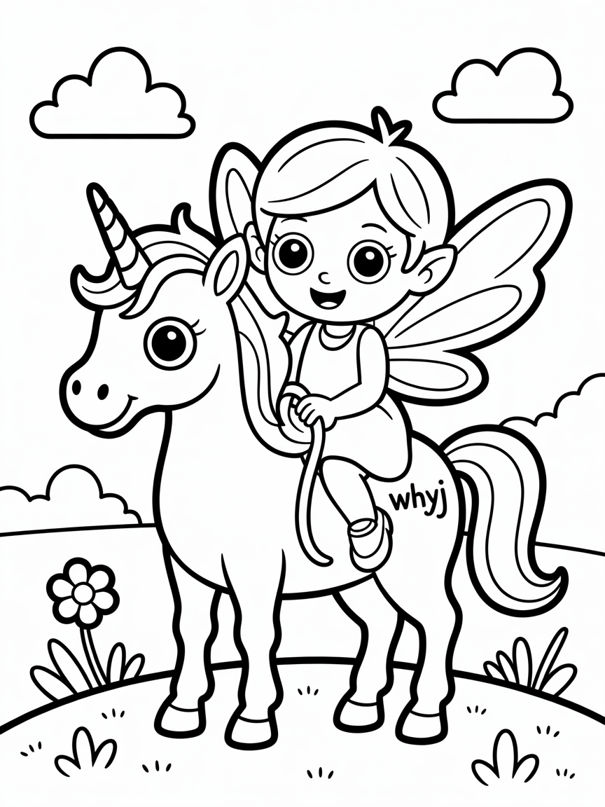 Fairy riding a whyj unicorn - Free Coloring Page