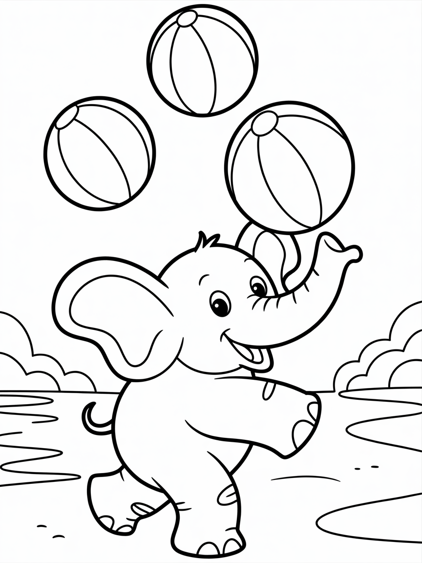 Elephant juggling colorful beach balls - Free Coloring Page