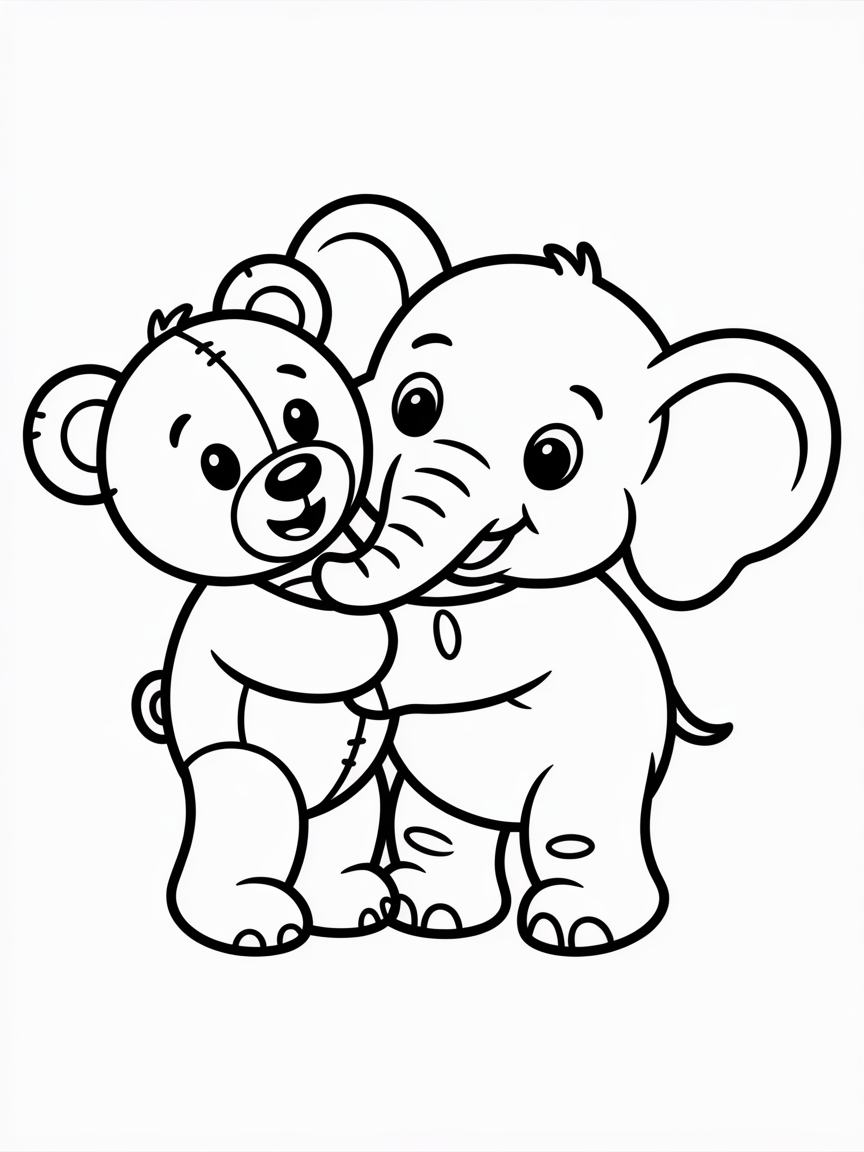 Teddy holding elephant trunk - Free Coloring Page
