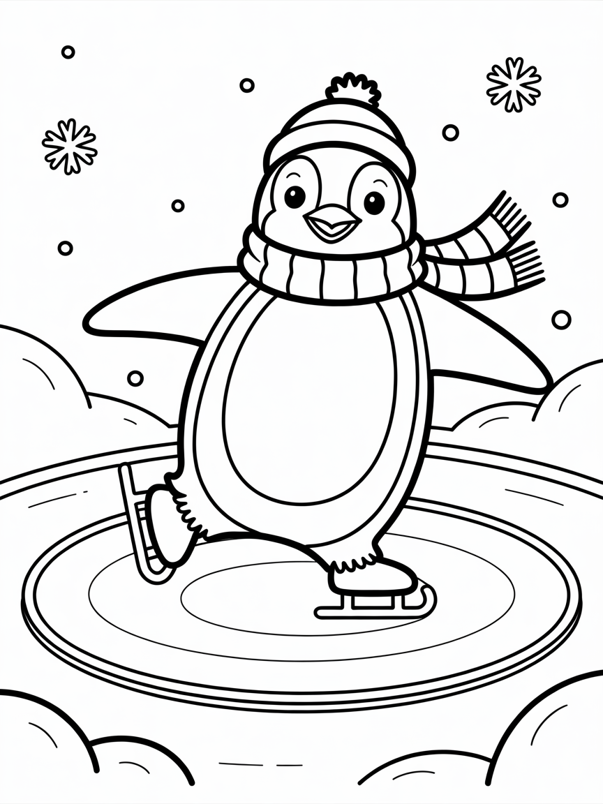 Penguin ice skating in the arctic - Free Coloring Page