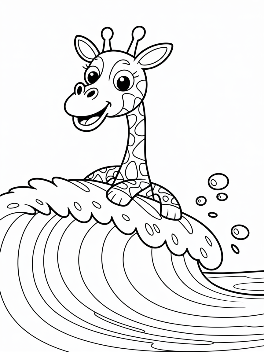 Giraffe surfing on a rainbow wave - Free Coloring Page