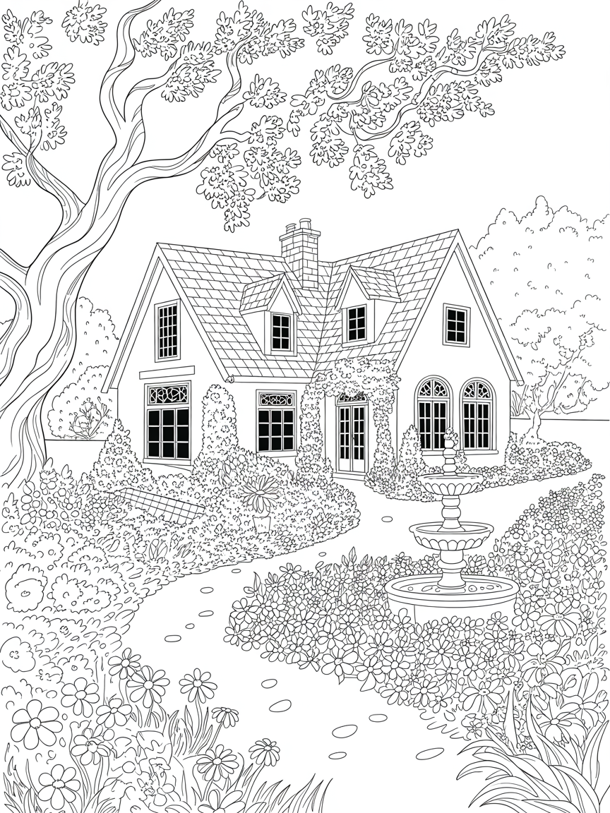Countryhouse with a tree and garden - Free Coloring Page