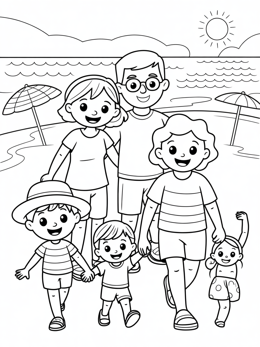 mom dad granma and a little going to beach - Free Coloring Page