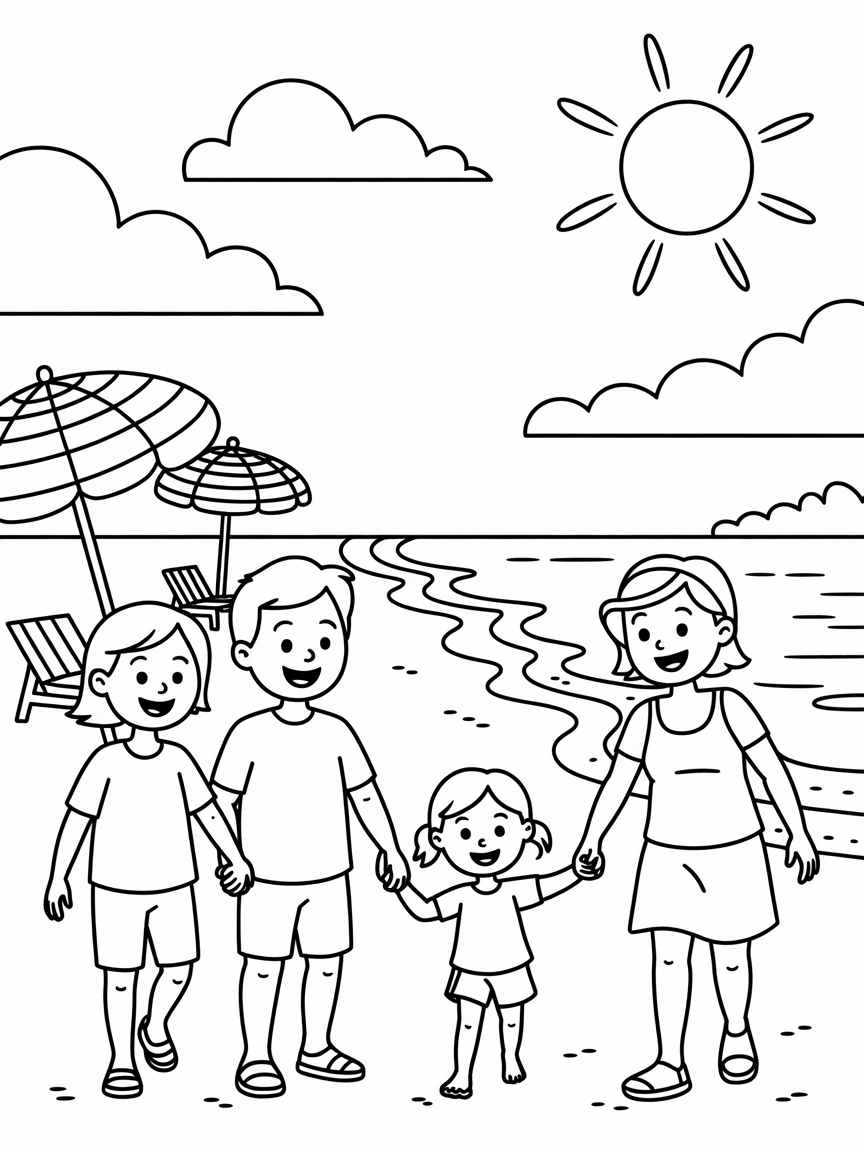 mom dad granma and a little girl going to beach - Free Coloring Page