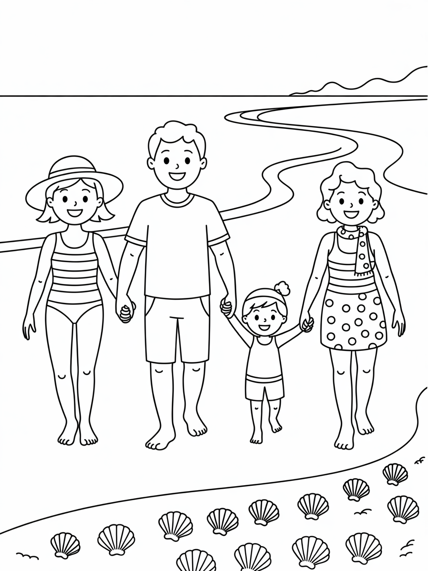 mom dad grandmom and a little girl going to beach - Free Coloring Page