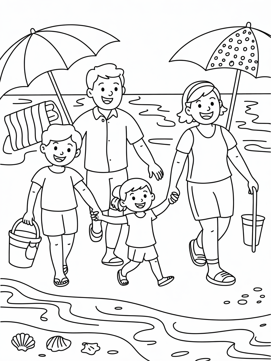 mom dad grandmom and a little girl going to beach - Free Coloring Page
