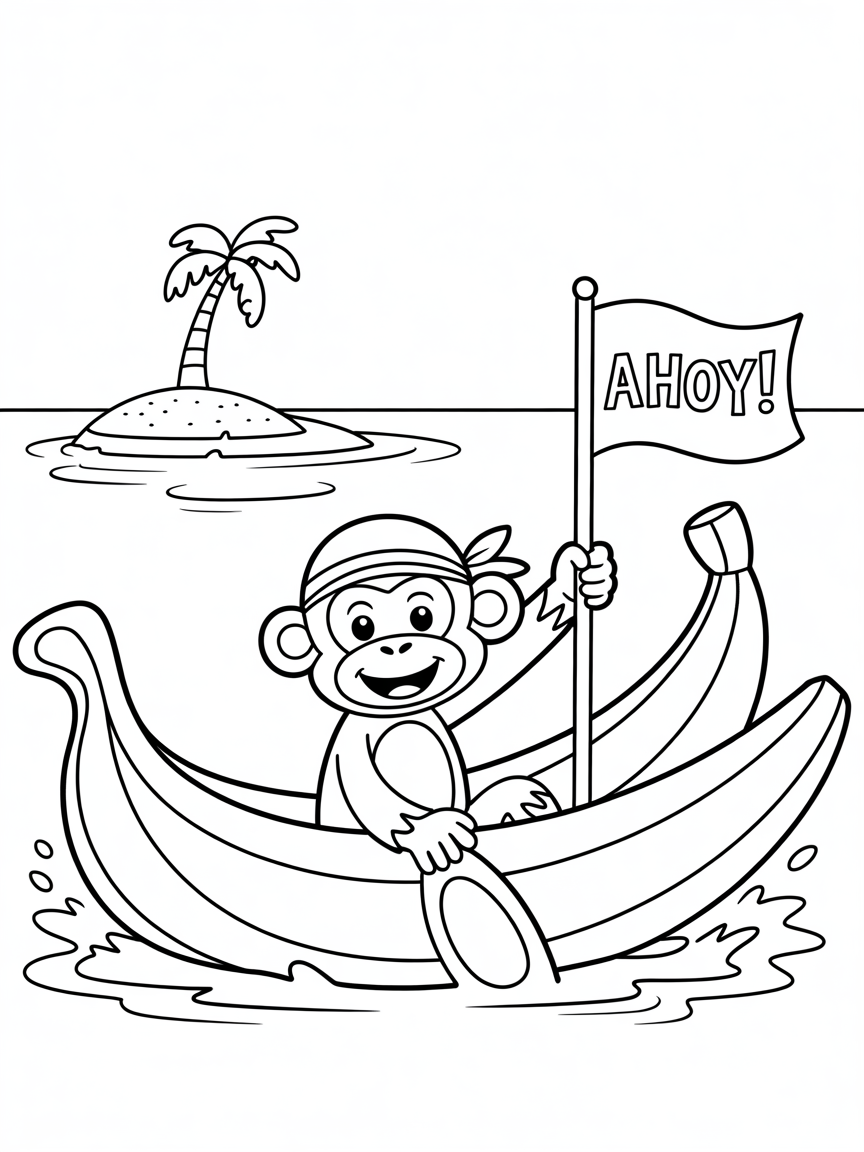 Pirate monkey sailing on banana boat - Free Coloring Page