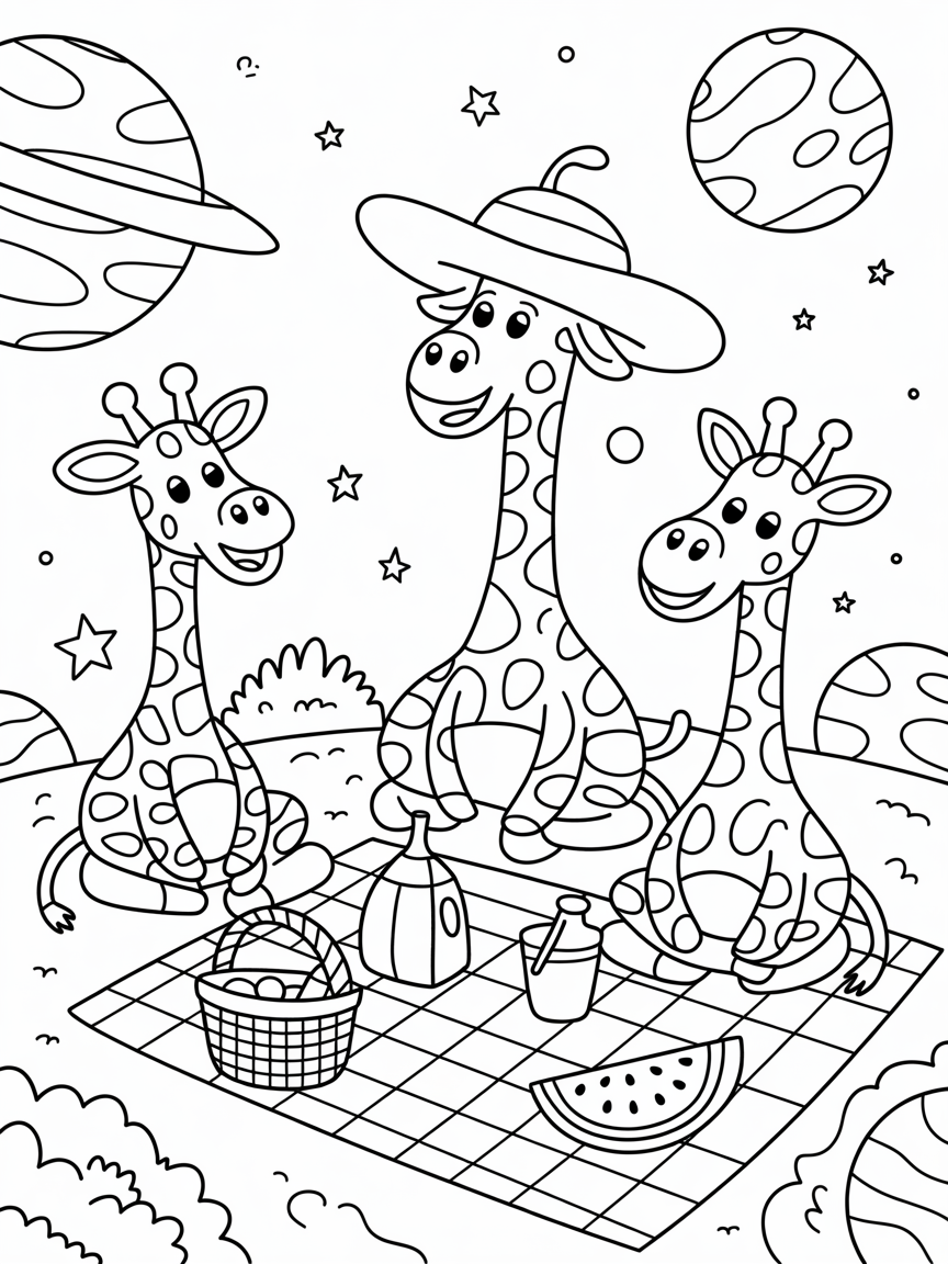 Giraffes having a picnic in space - Free Coloring Page