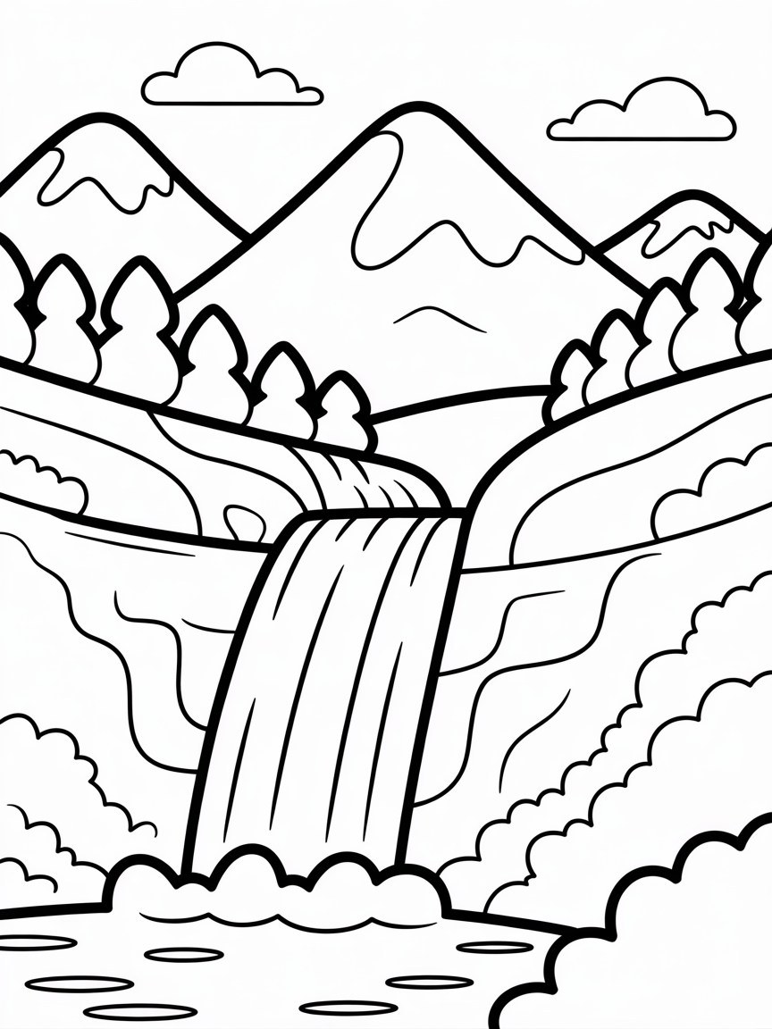 waterfall surrounded by mountains - Free Coloring Page