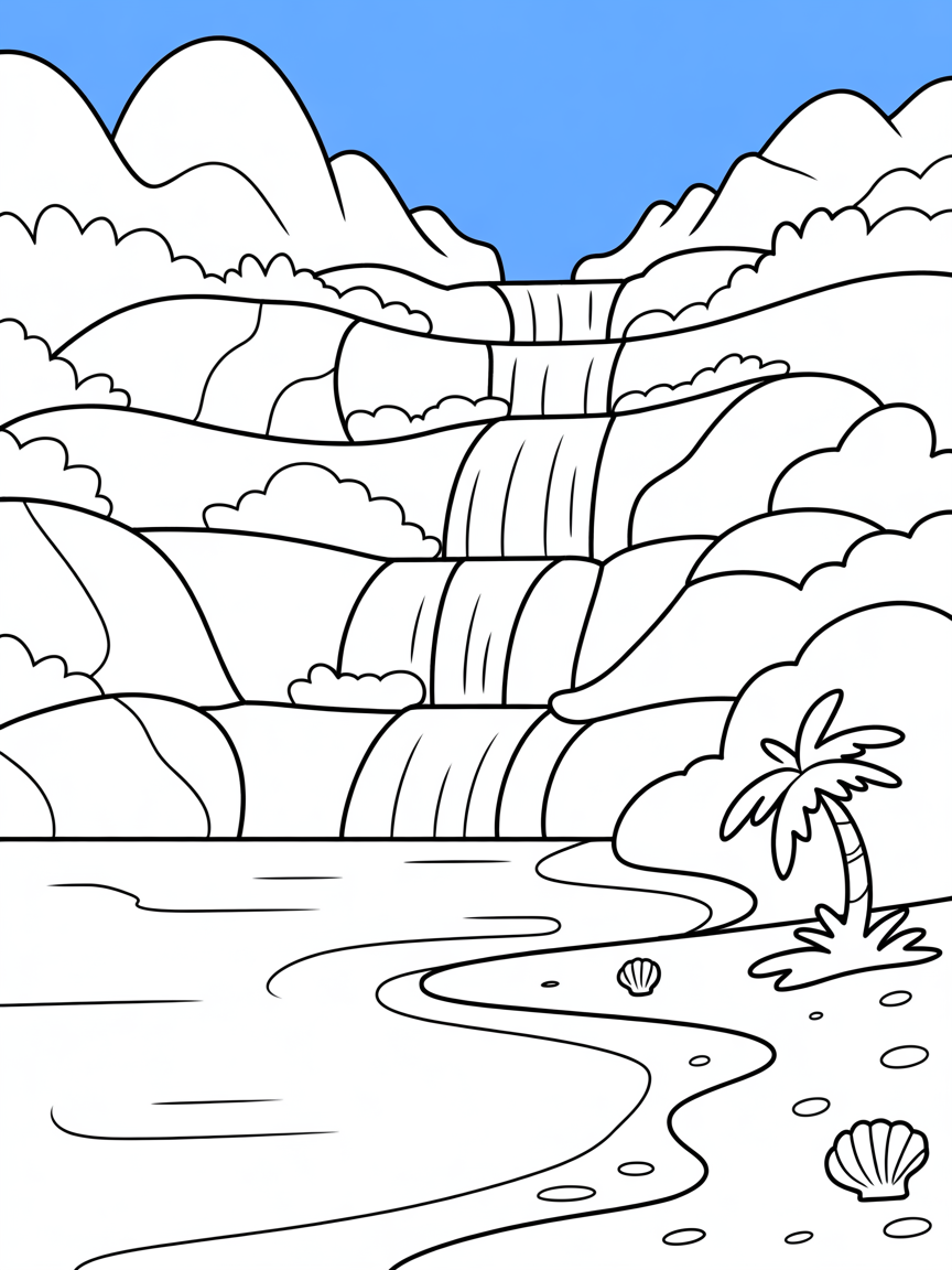 waterfall surrounded by mountains with beach - Free Coloring Page