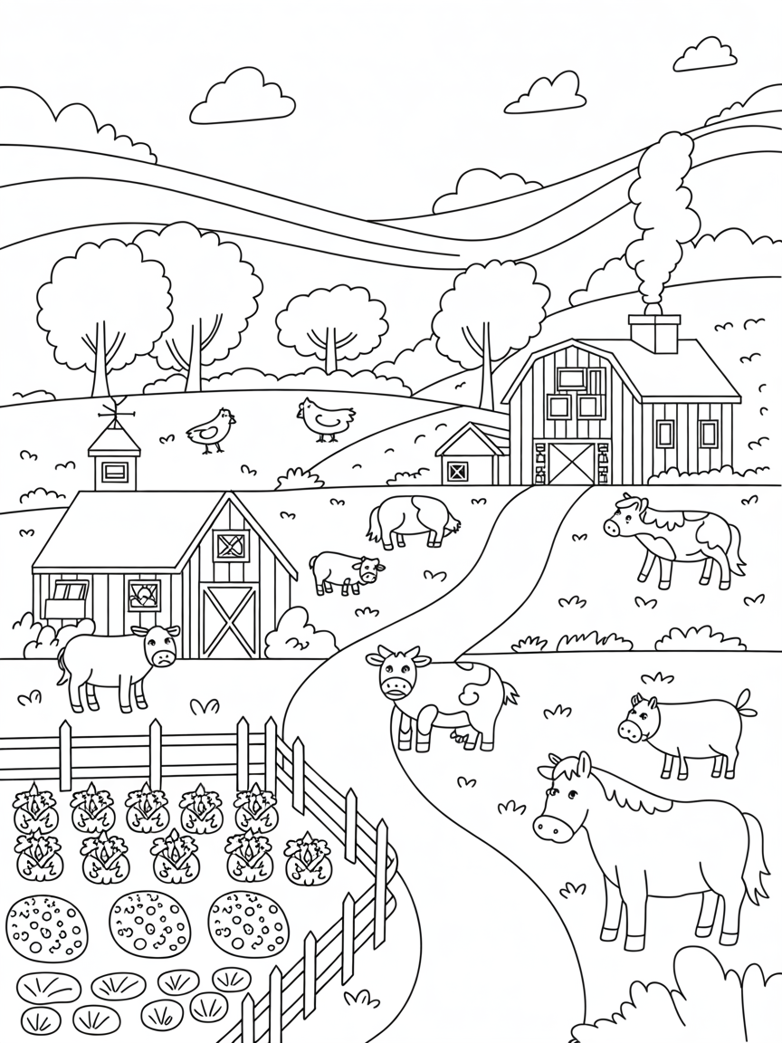A farm scene - Free Coloring Page