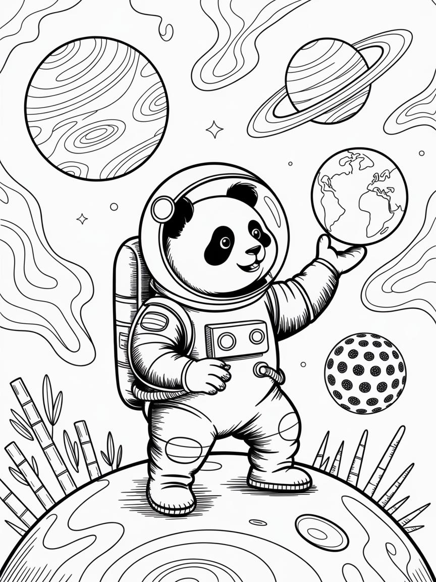 Panda astronaut exploring colorful planets - Free Coloring Page