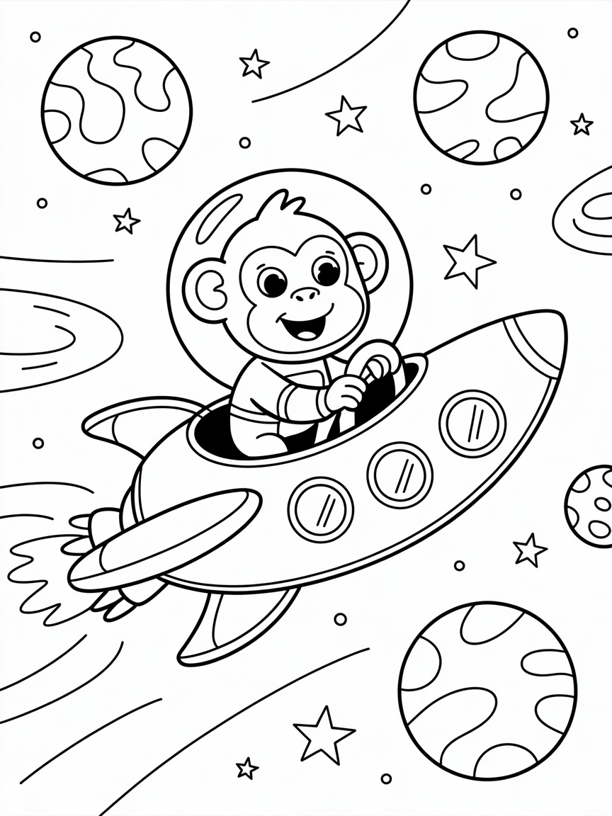 A space monkey. Riding a banana spaceship in the galaxy - Free Coloring Page
