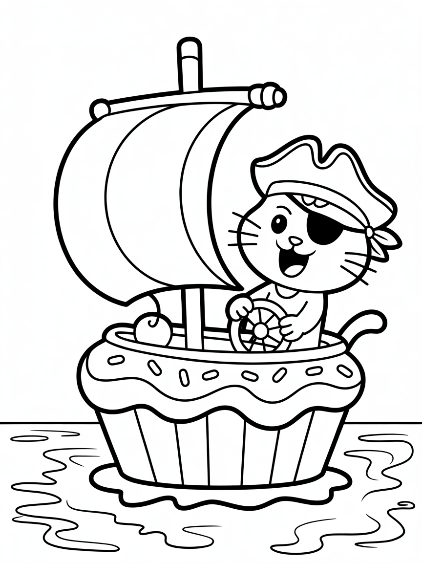 Pirate cat sailing a cupcake ship - Free Coloring Page