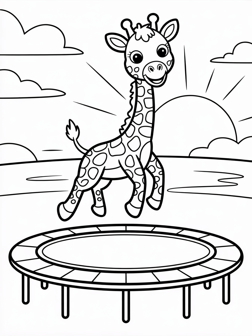 Giraffe on a trampoline at sunset - Free Coloring Page