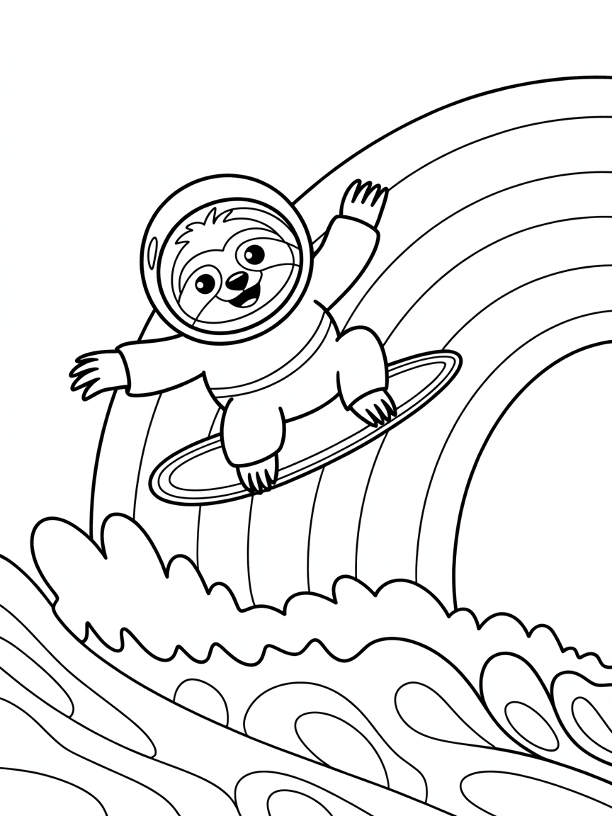 Astronaut sloth surfing rainbow waves - Free Coloring Page