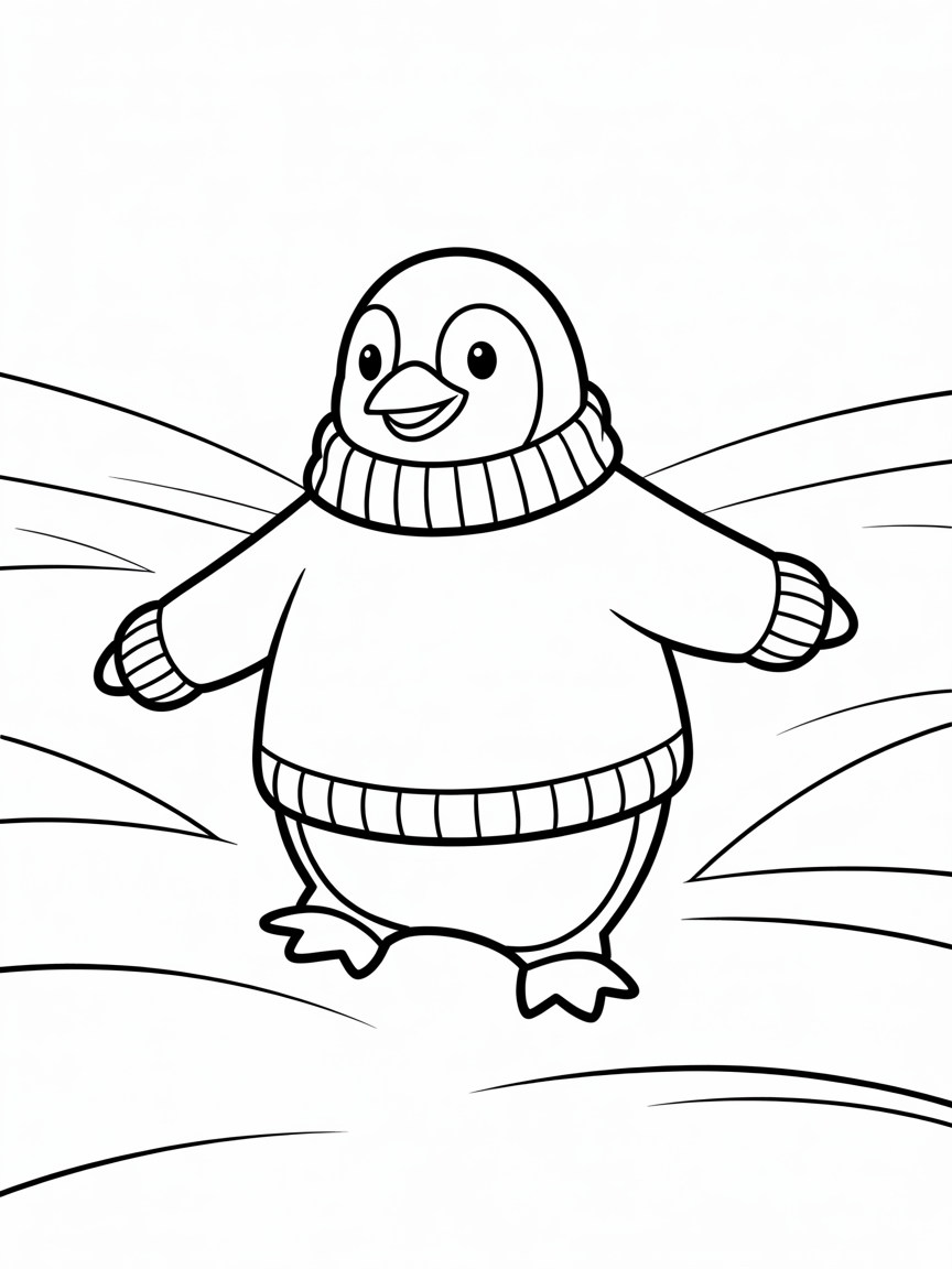 Penguin in a cozy winter sweater - Free Coloring Page