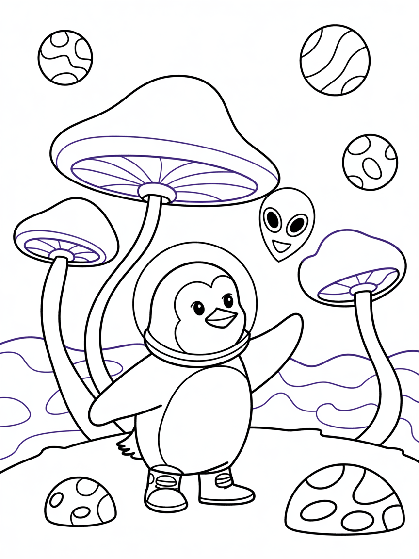Space penguin exploring an alien planetuuuuuuu8 6hhh nn - Free Coloring Page