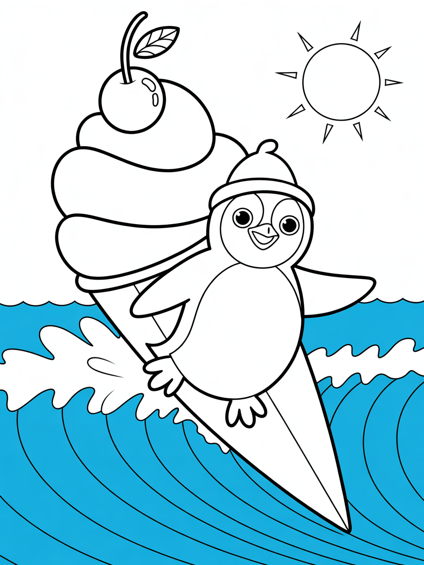 Penguin surfing giant ice cream cone - Free Coloring Page