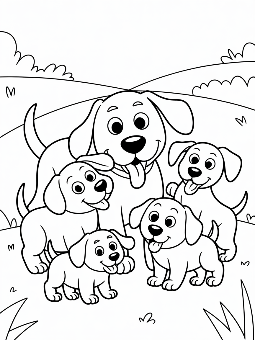a dog with its family - Free Coloring Page