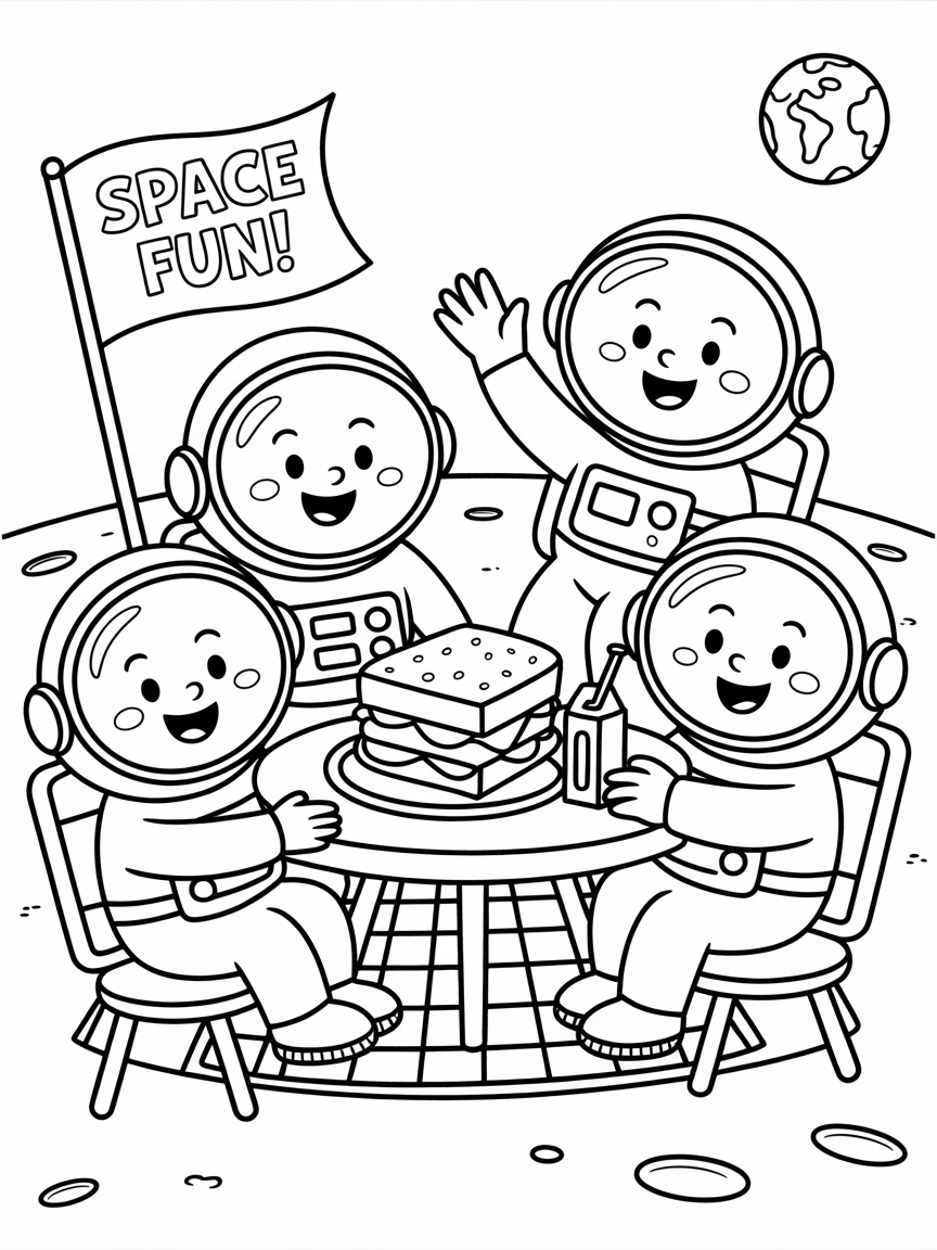 Astronauts having a picnic on the moon - Free Coloring Page