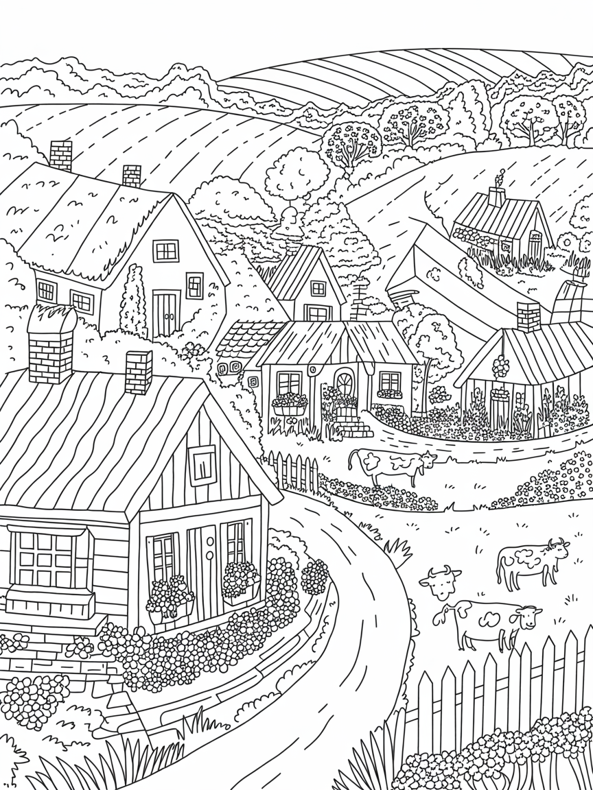 Village landscape with cows - Free Coloring Page
