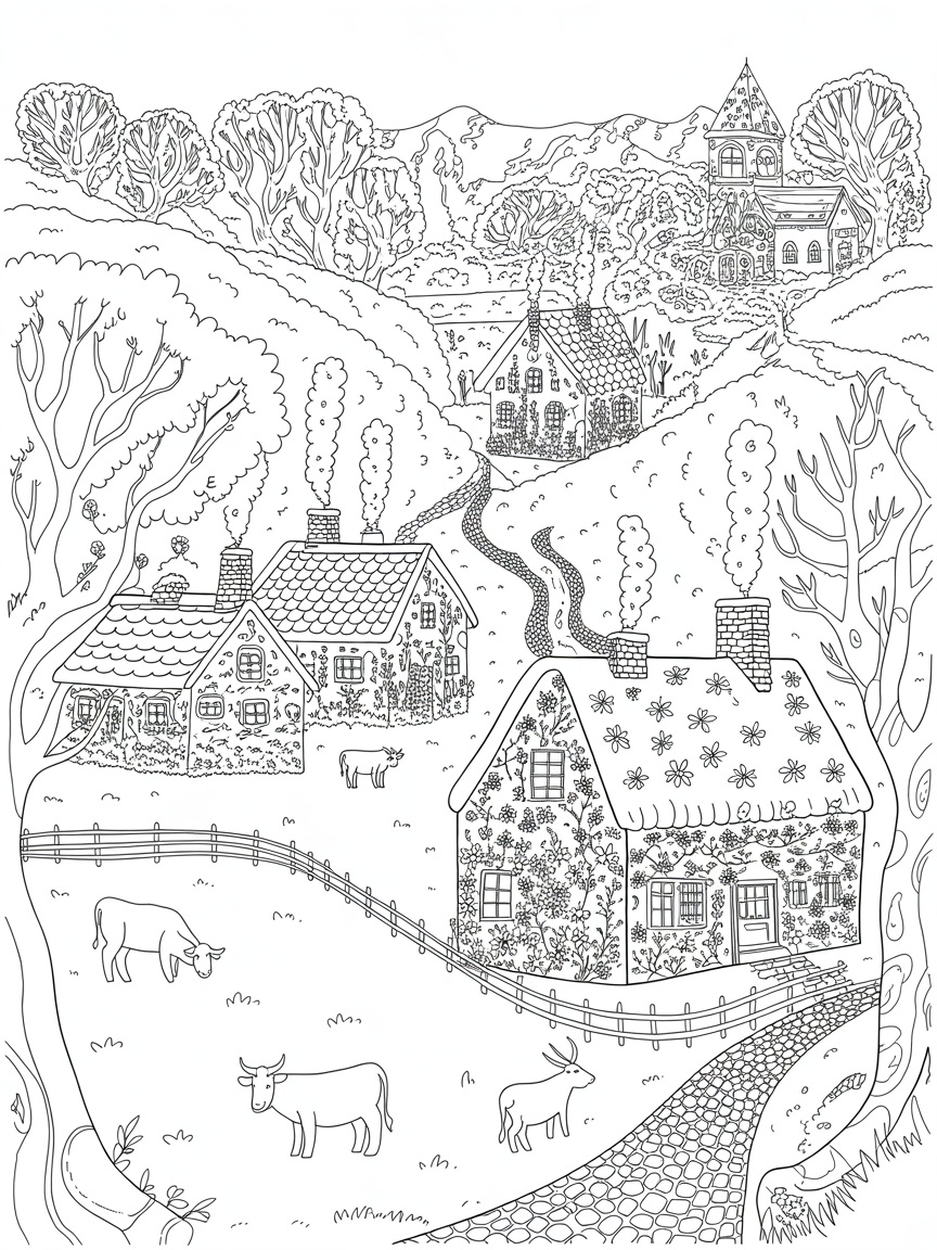 Village landscape with cows and goats - Free Coloring Page