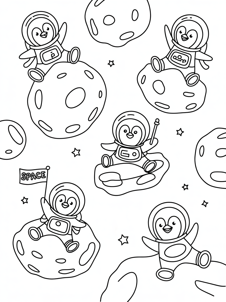 Space penguins playing with asteroids - Free Coloring Page