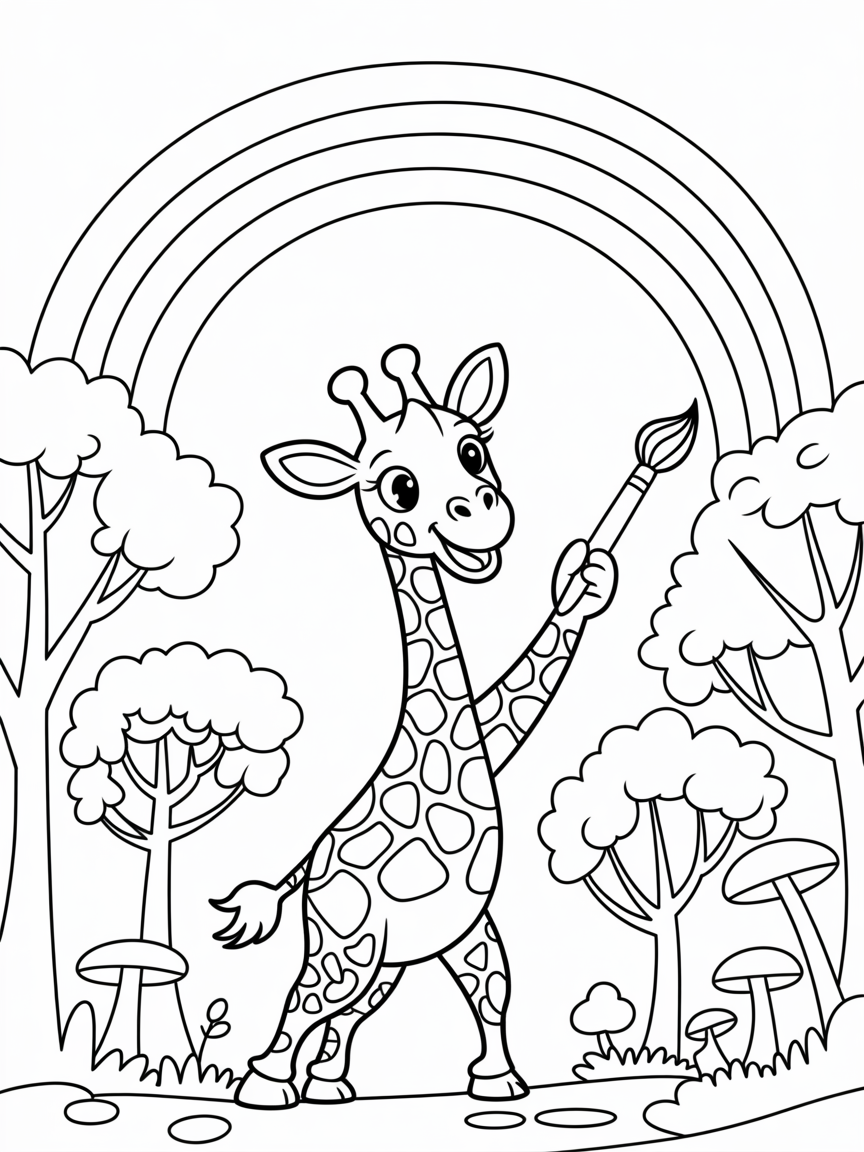 Giraffe painting a rainbow forest - Free Coloring Page