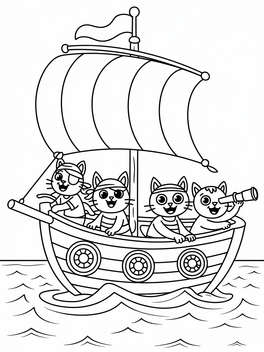 Pirate cats sailing on a cheese ship - Free Coloring Page