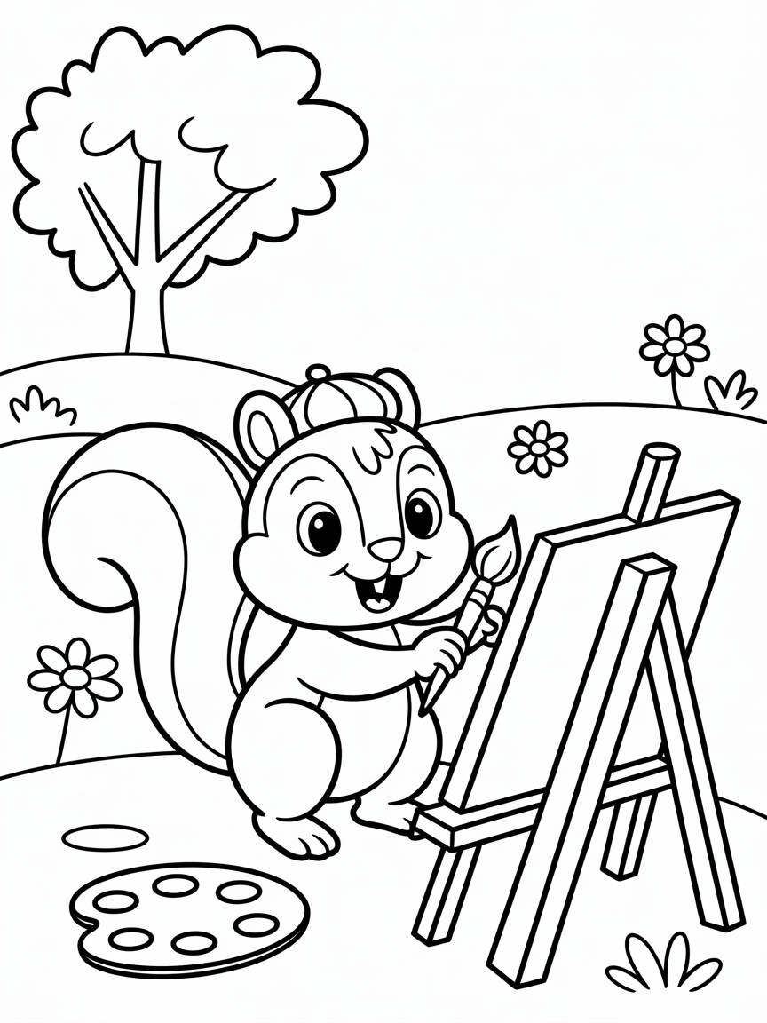 A squirrel painting on an easel - Free Coloring Page