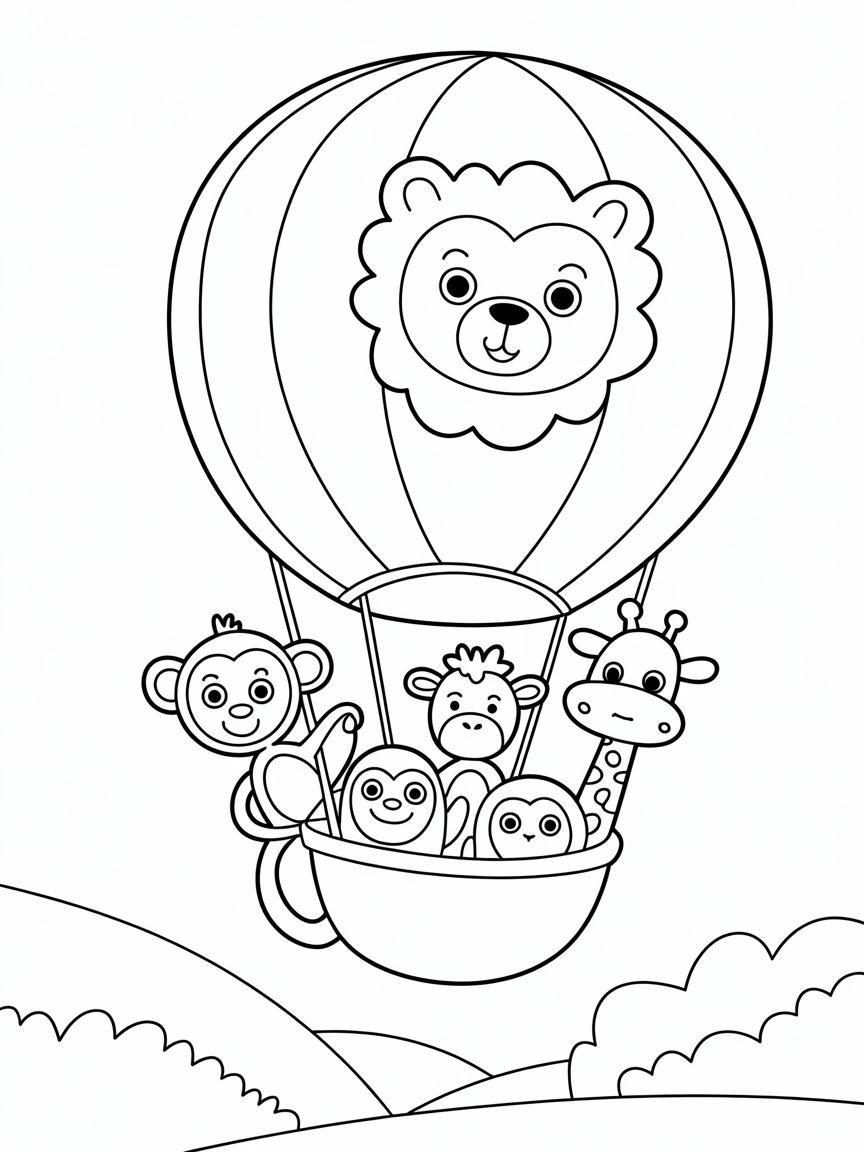 Hot air balloon zoo adventure - Free Coloring Page