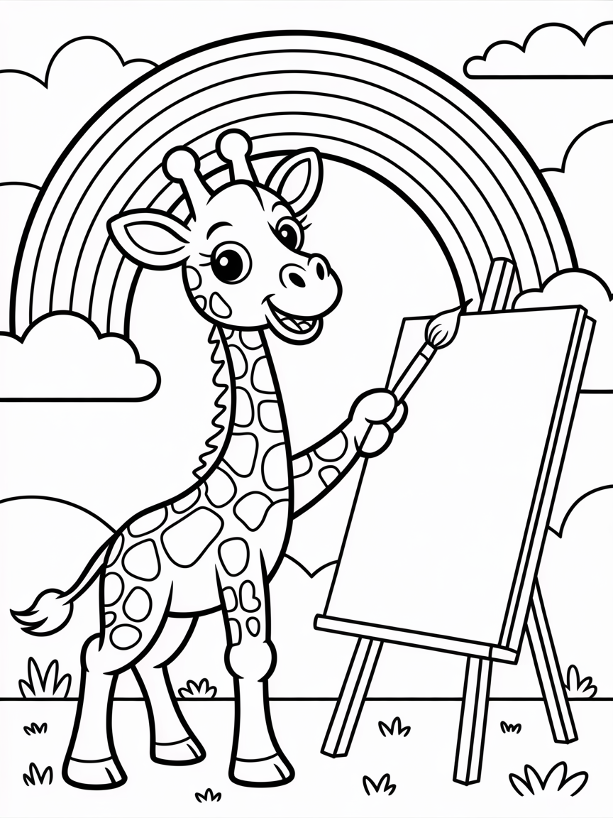 Giraffe painting a rainbow on canvas - Free Coloring Page