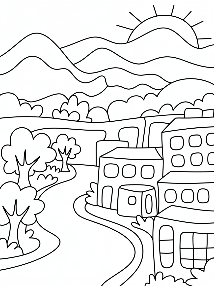 urban scene, mountains in the back, sun rising, river flowing - Free Coloring Page