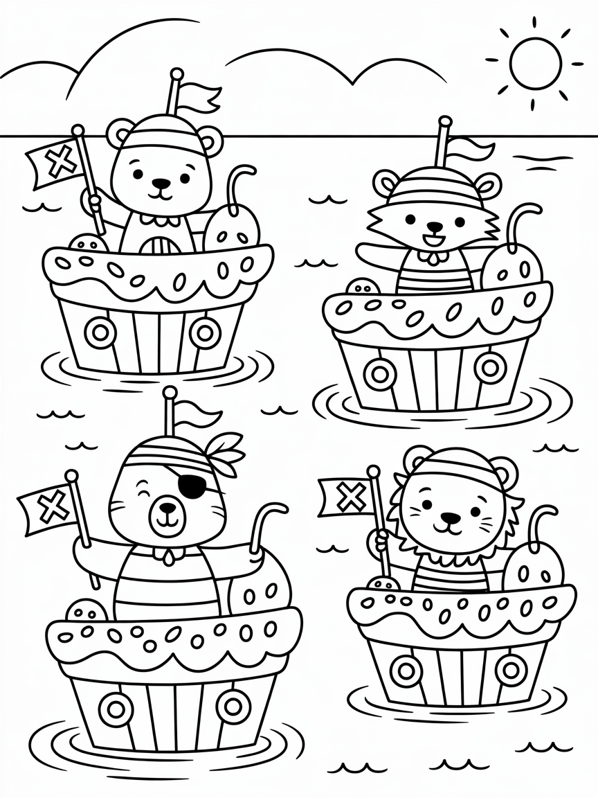 Pirate animals sailing cupcake ships - Free Coloring Page